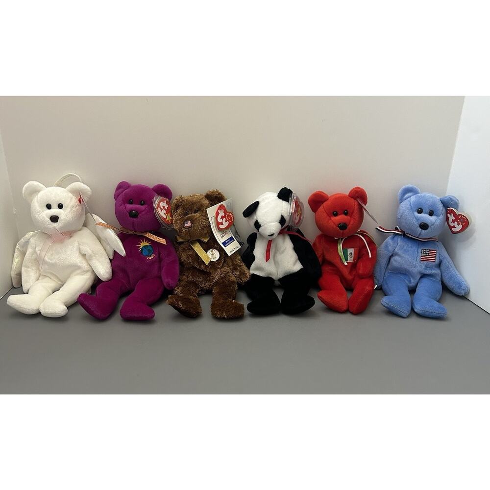 Ty Beanie Babies Bear Lot of 6 All with Tags VTG Halo Champion Osito Fortune….
